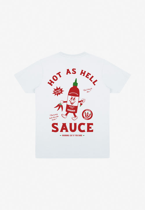 Back print cotton t-shirt with “Hot as Hell” sauce slogan and red graphic character