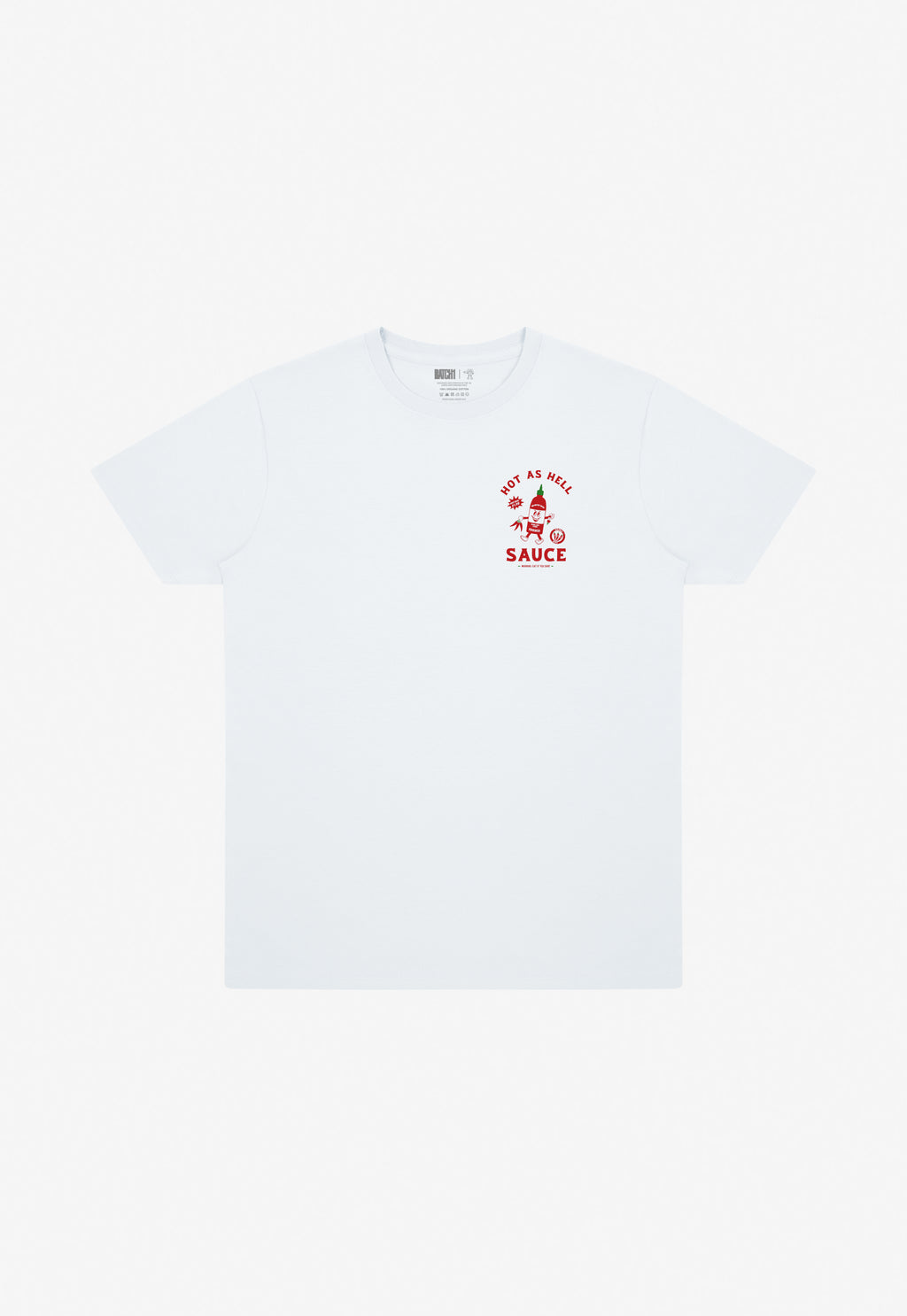 white cotton t-shirt with hot sauce illustrated character on left chest