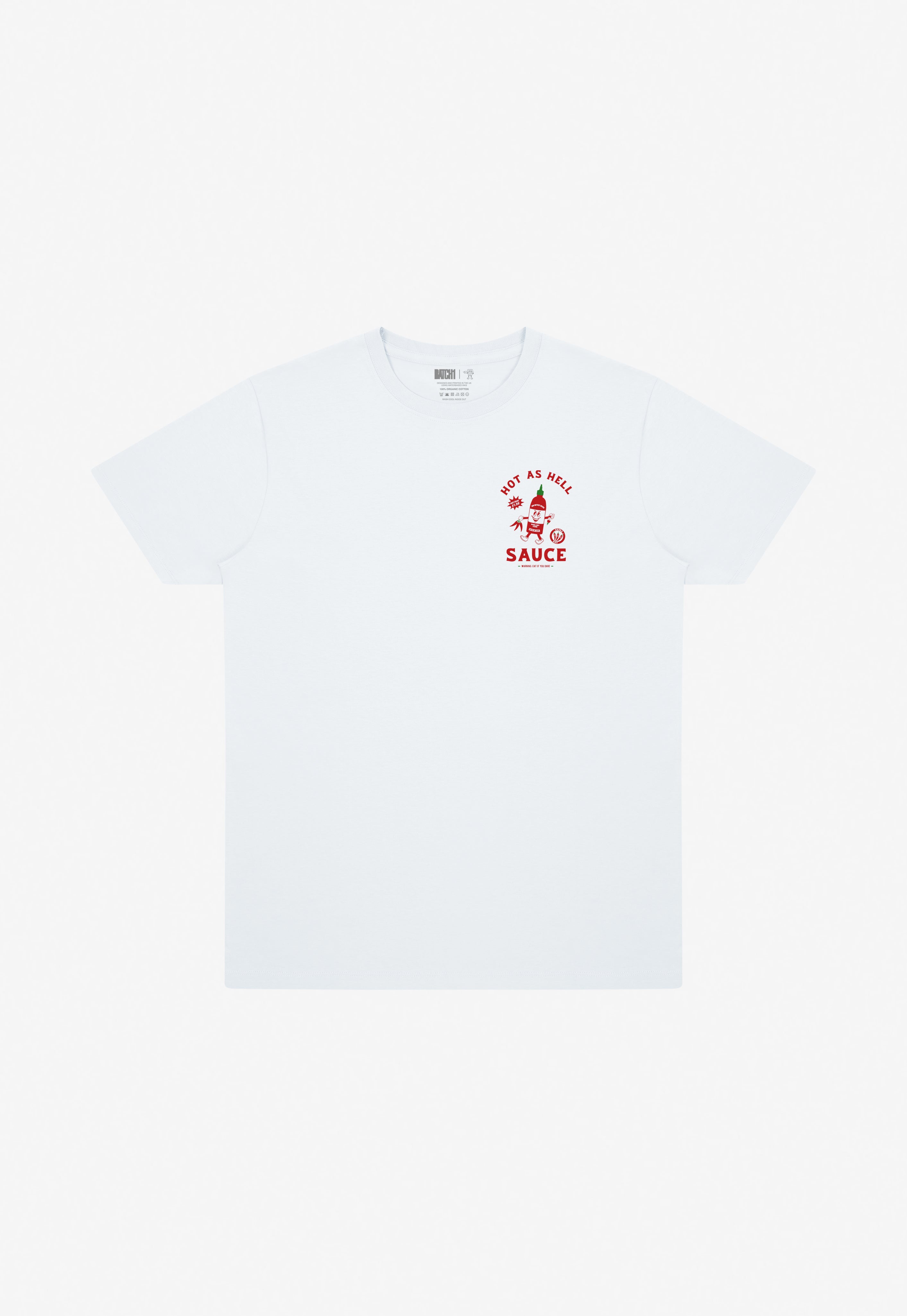 white cotton t-shirt with hot sauce illustrated character on left chest