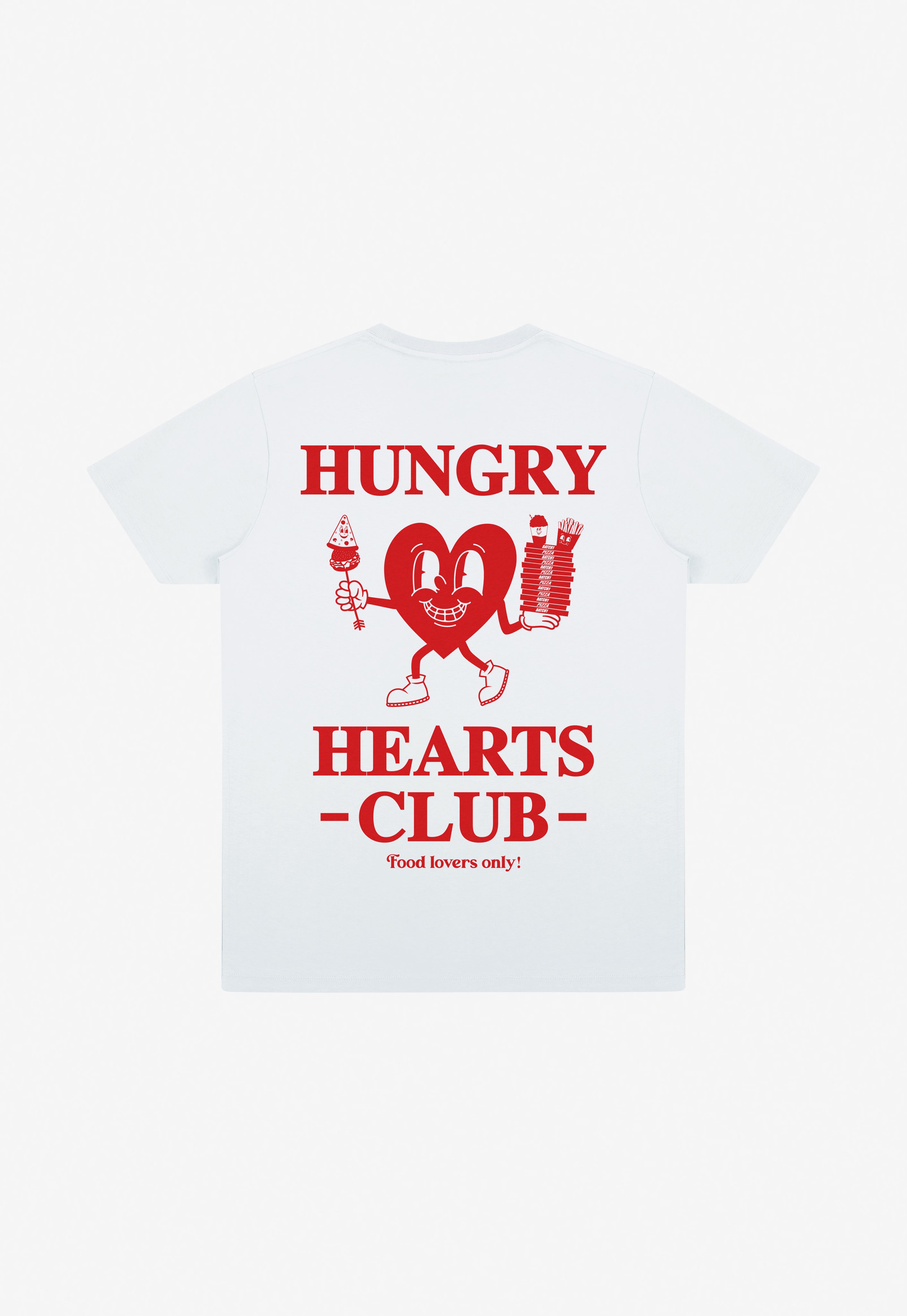 hungry hearts slogan white back print t-shirt with heart graphic in red
