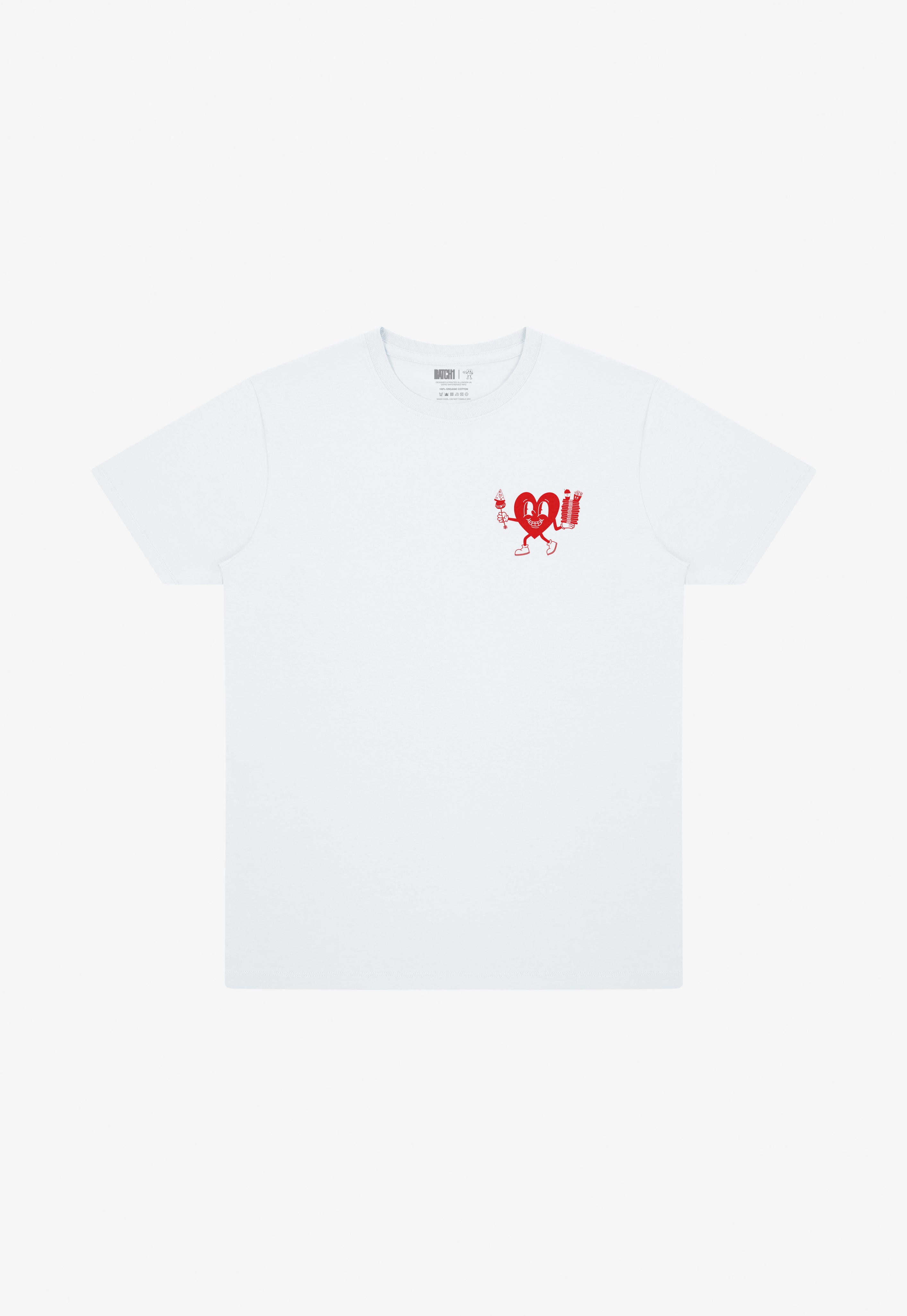 hungry hearts slogan white t-shirt with heart graphic in red on left chest