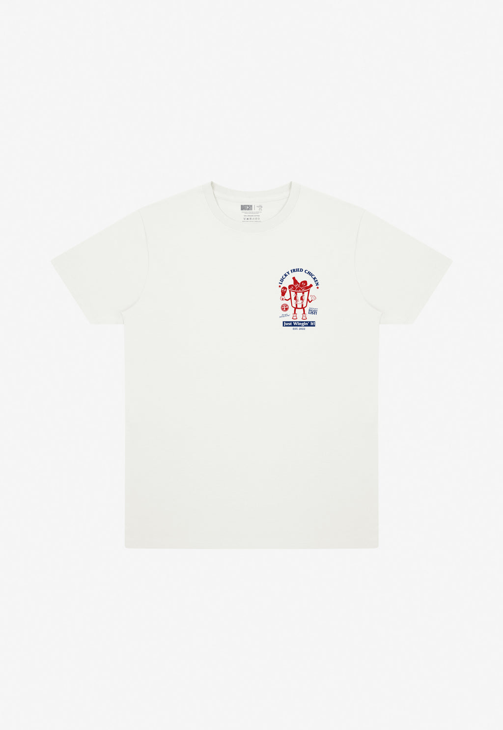 off white graphic t-shirt with fried chicken print on left chest in red and blue