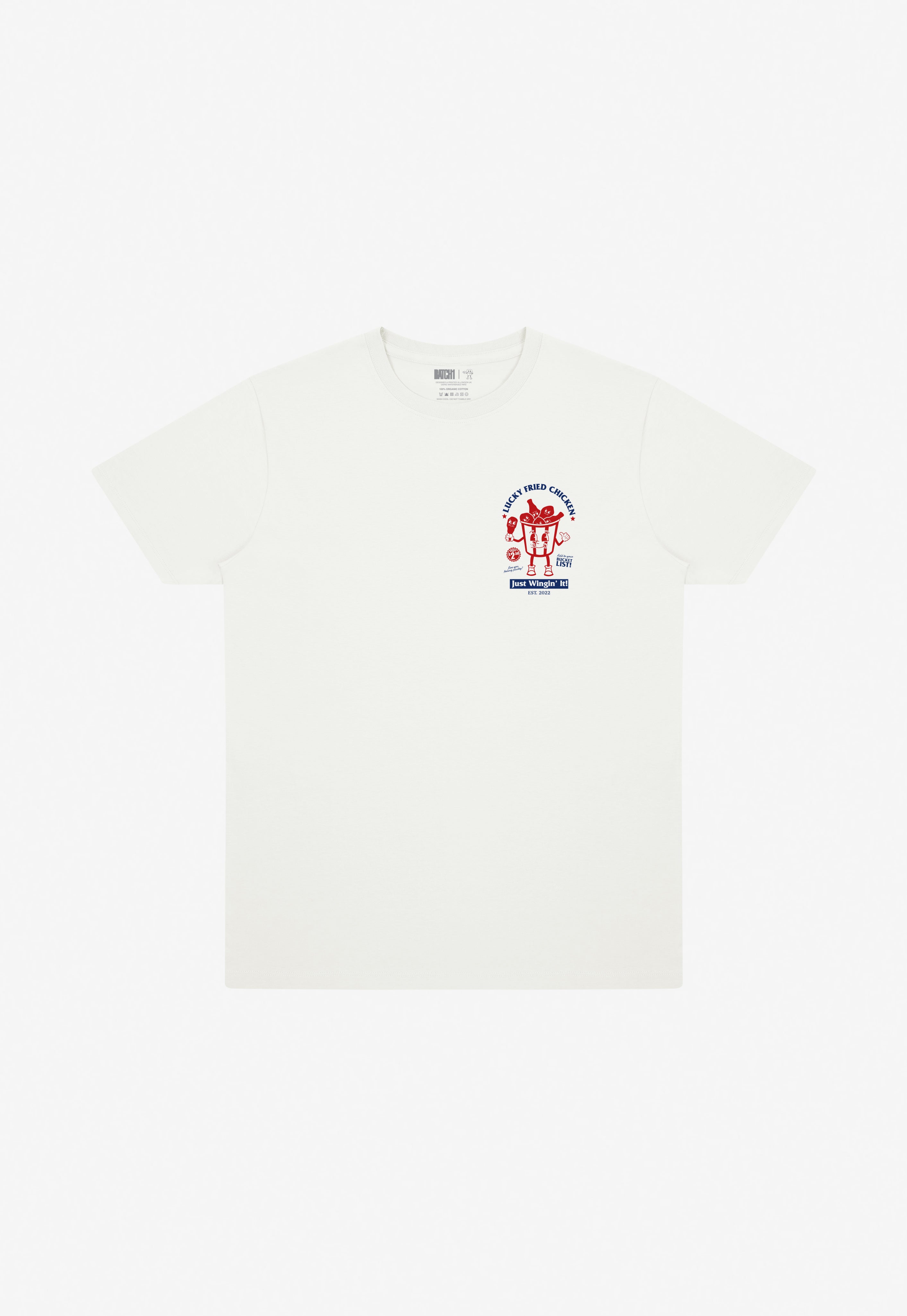off white graphic t-shirt with fried chicken print on left chest in red and blue
