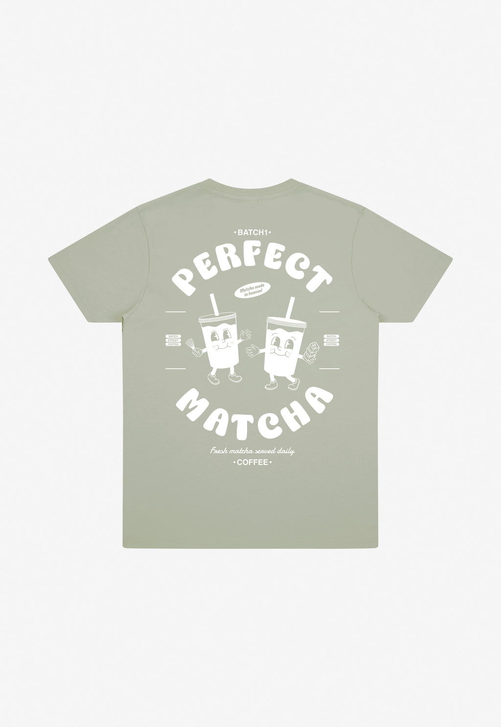 Pistachio cotton t-shirt with perfect matcha slogan and iced matcha graphic illustration in white