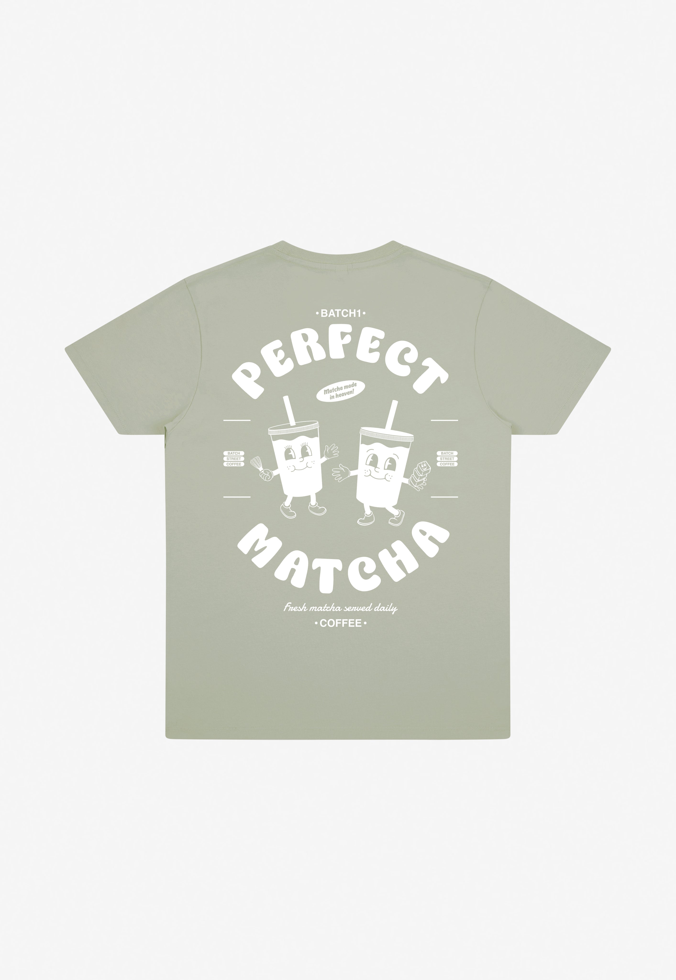 Pistachio cotton t-shirt with perfect matcha slogan and iced matcha graphic illustration in white