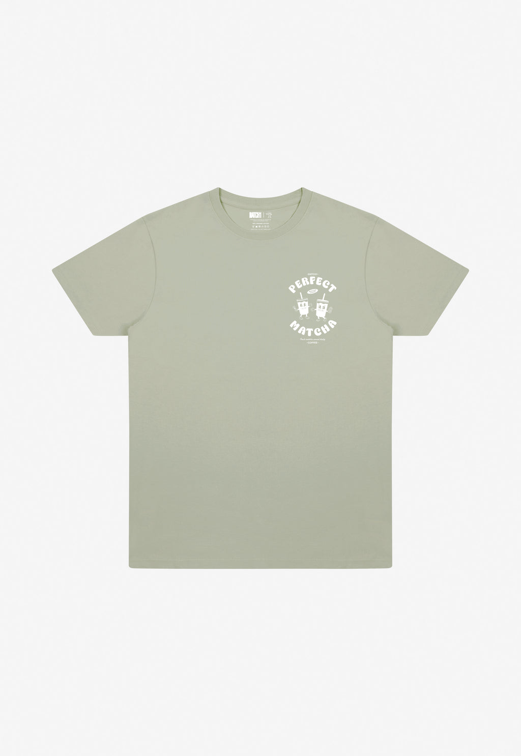 Pistachio cotton t-shirt with perfect matcha slogan and back print graphic matcha character in white