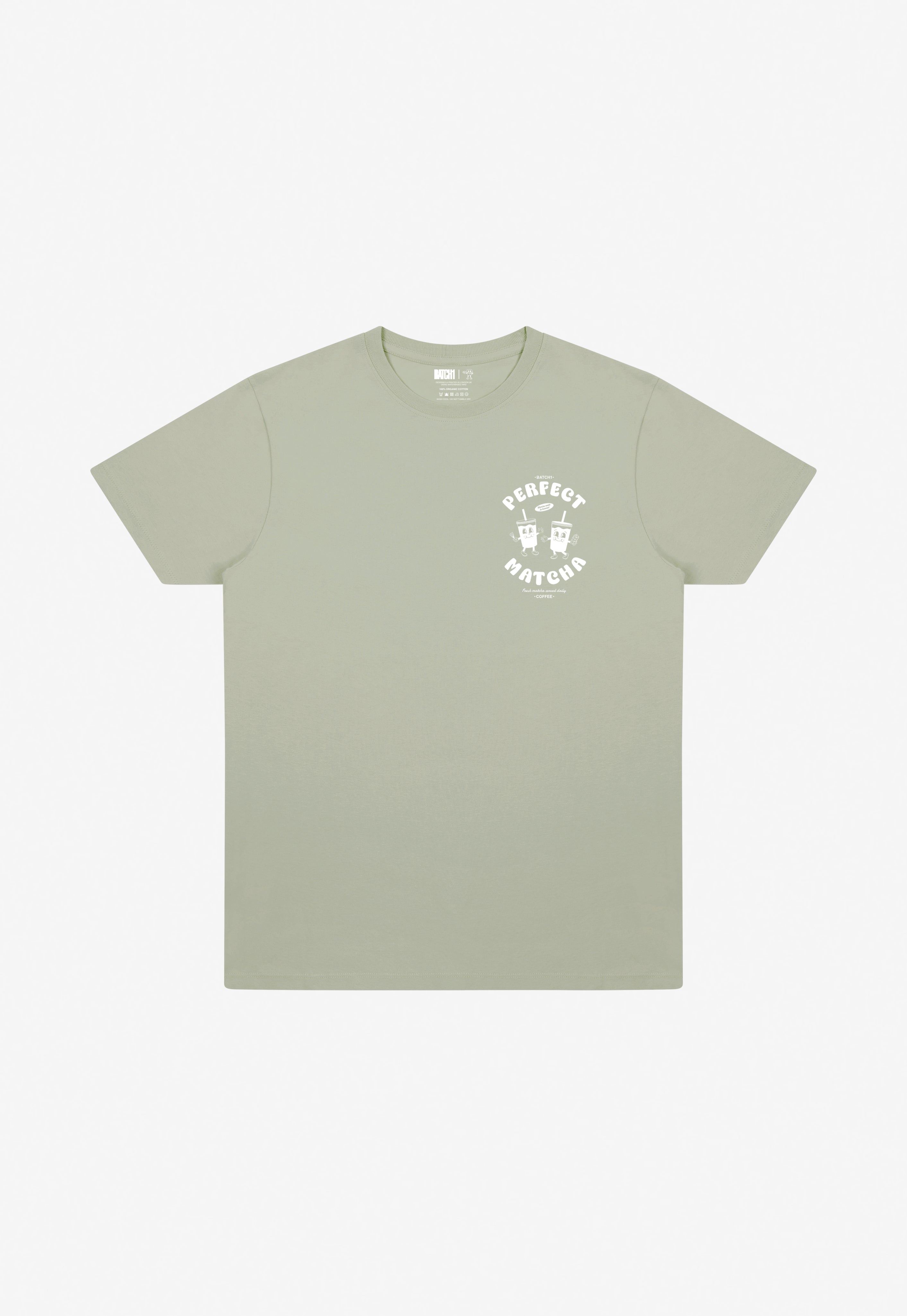 Pistachio cotton t-shirt with perfect matcha slogan and back print graphic matcha character in white