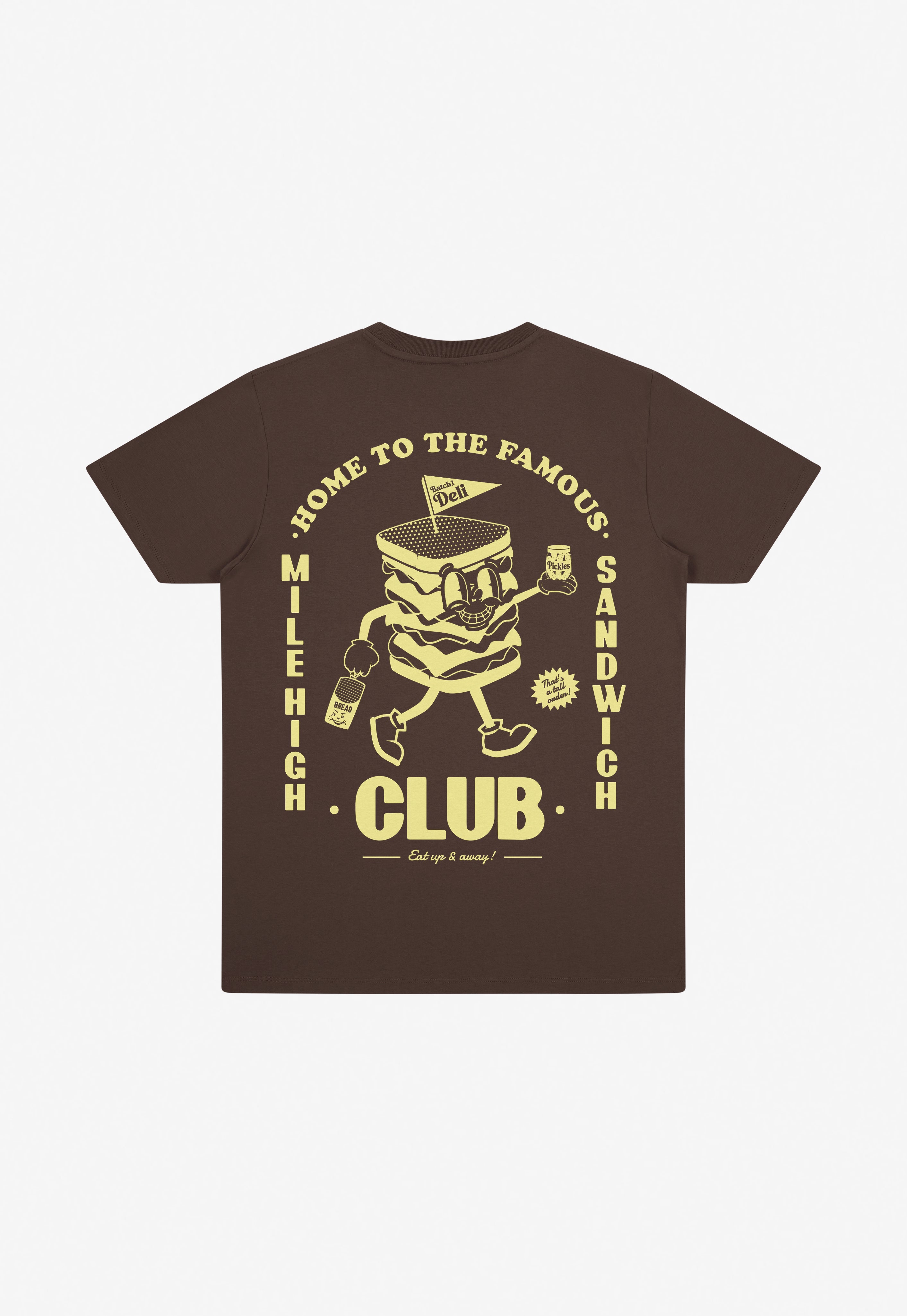 Brown cotton t-shirt with sandwich character graphic on the back with mile high sandwich club slogan