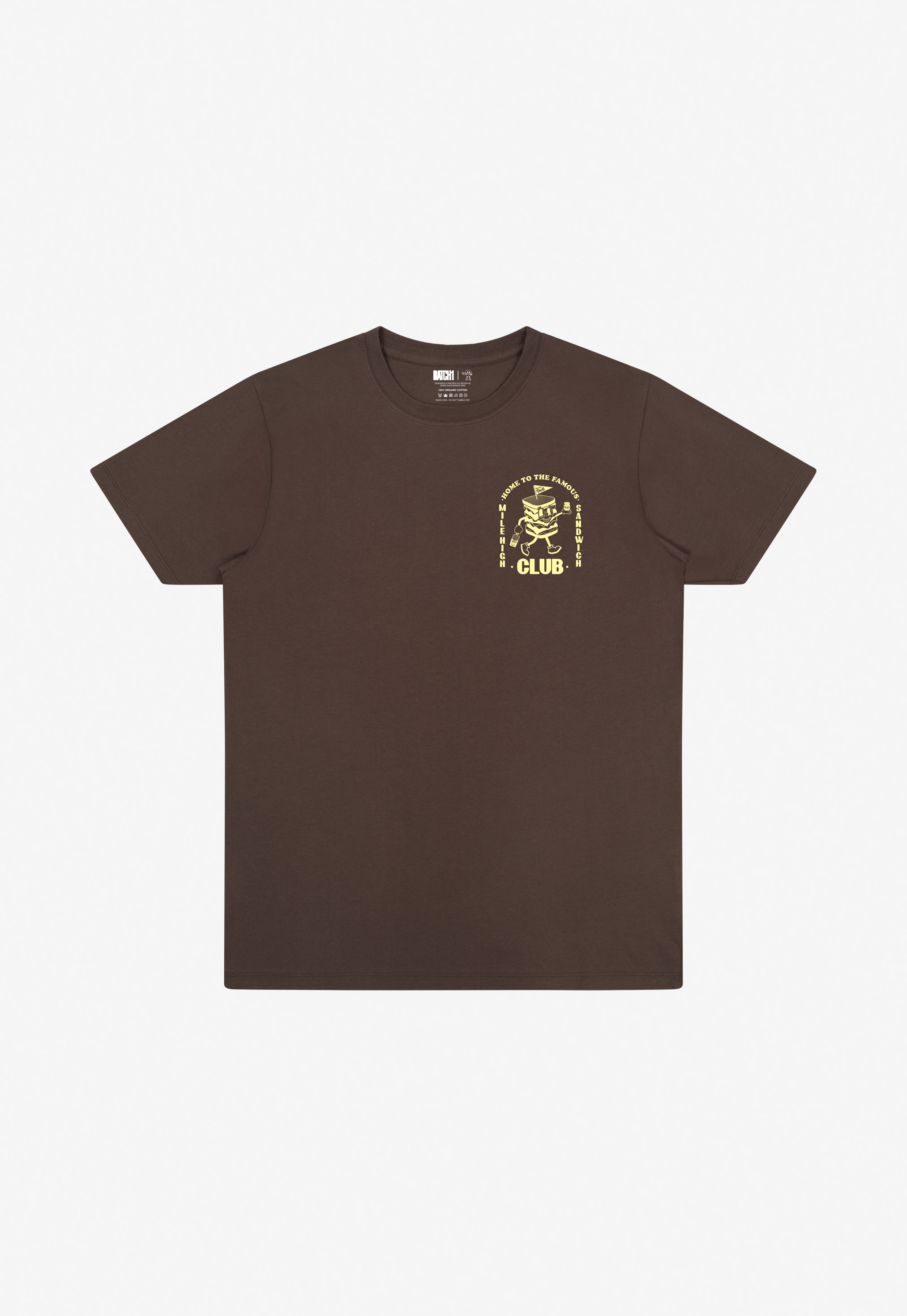 Brown t-shirt with printed sandwich character on the left chest