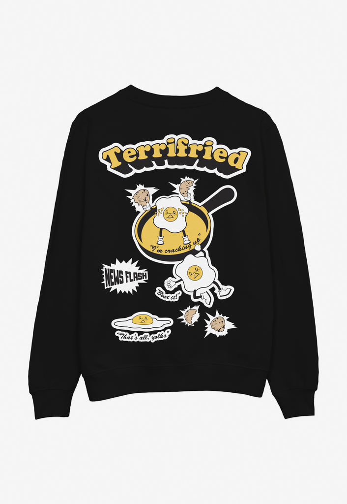 black sweatshirt with large back print graphic showing vintage style fried egg characters and Terrifried slogan