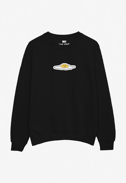 black sweater with small fried egg graphic printed front centre