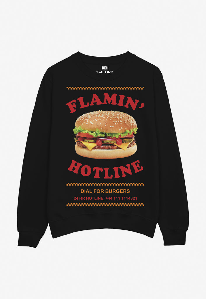Black printed food merch sweater with giant photographic burger and Flaming Hotline, Dial for Burgers slogan