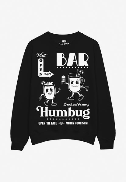 black christmas jumper with drinks characters and 'Bar Humbug' slogan