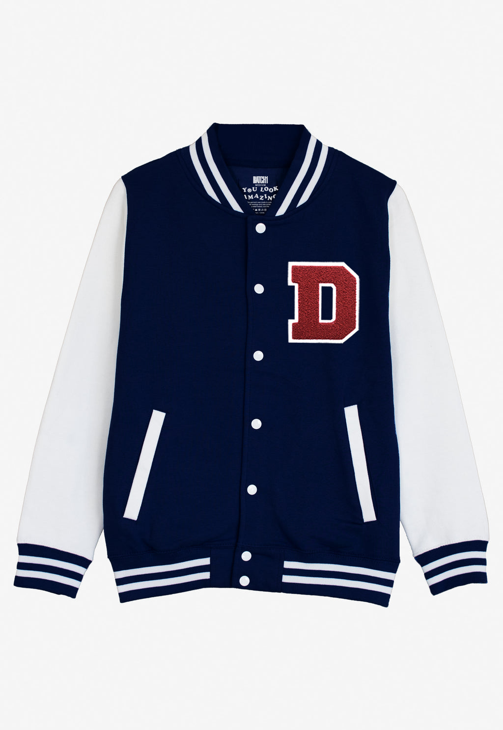 VARSITY BASEBALL JACKET UNISEX PERSONALISED WITH GENUINE US COLLEGE LETTER D