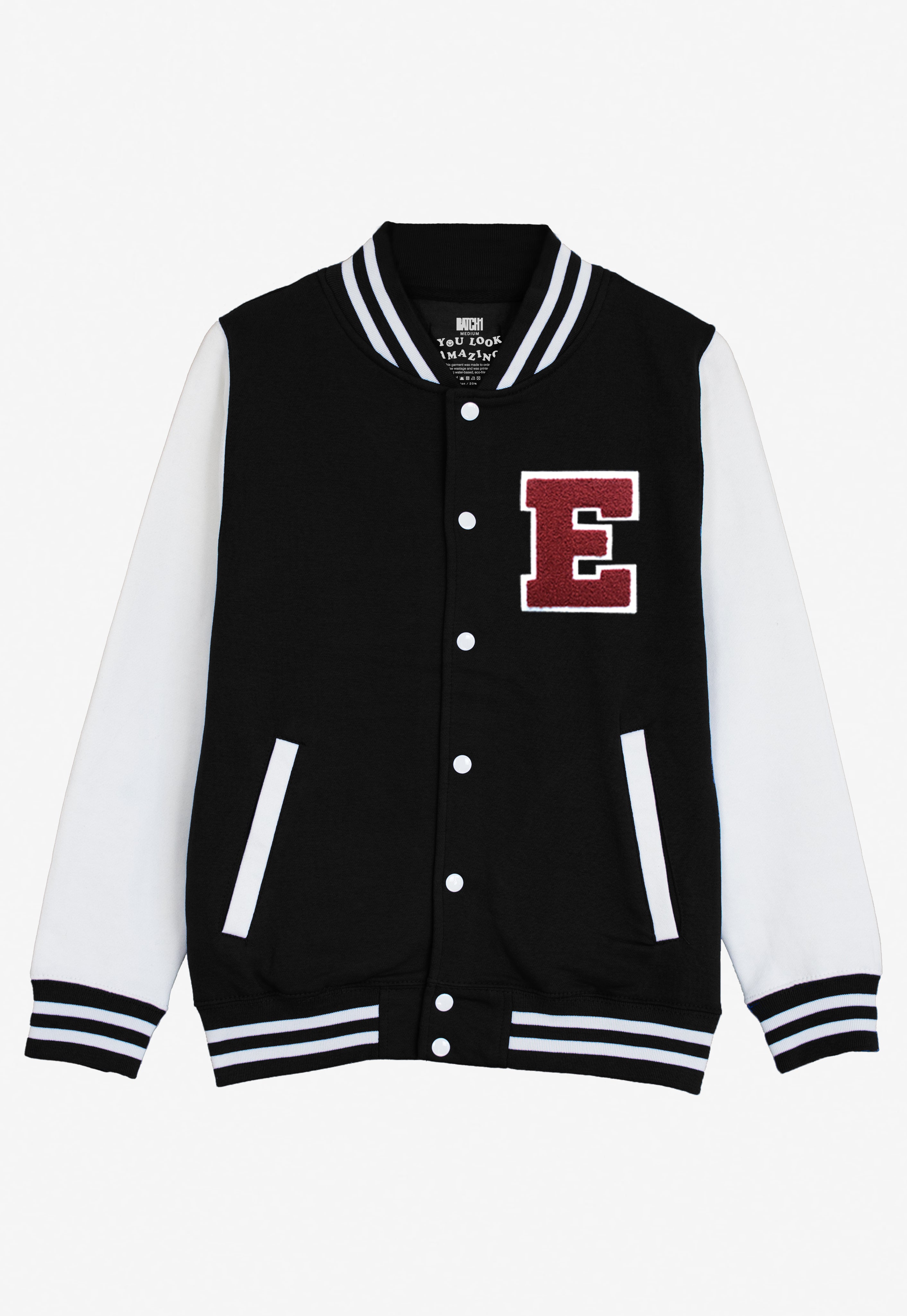 VARSITY BASEBALL JACKET UNISEX PERSONALISED WITH GENUINE US COLLEGE LETTER E