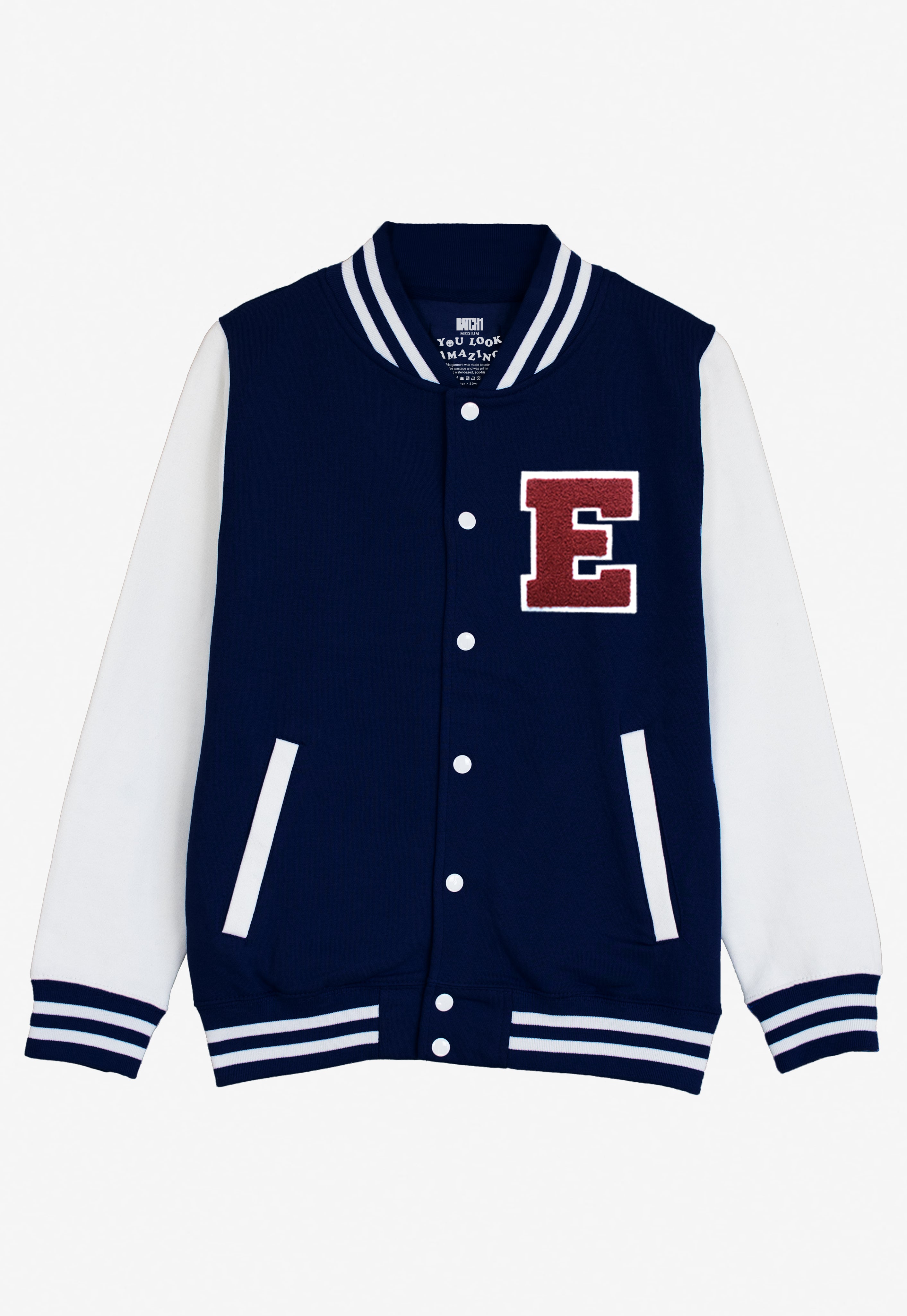 VARSITY BASEBALL JACKET UNISEX PERSONALISED WITH GENUINE US COLLEGE LETTER E