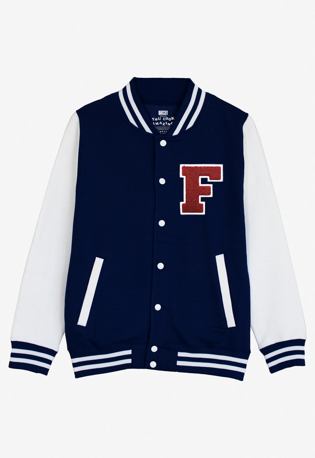 VARSITY BASEBALL JACKET UNISEX PERSONALISED WITH GENUINE US COLLEGE LETTER F