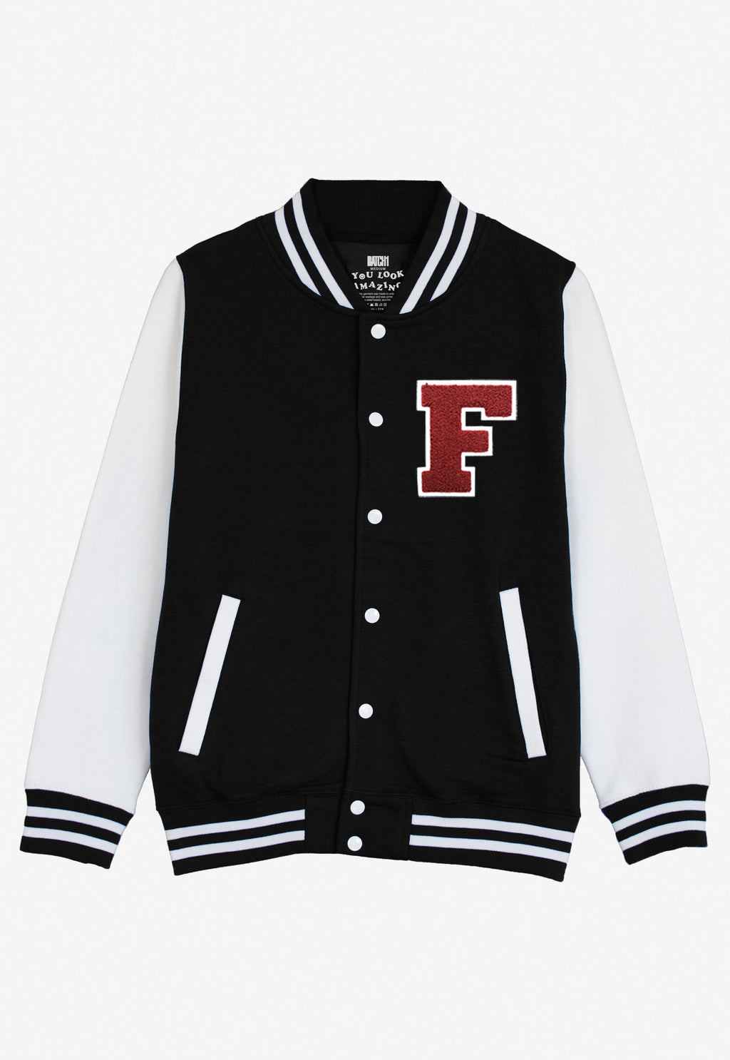 VARSITY BASEBALL JACKET UNISEX PERSONALISED WITH GENUINE US COLLEGE LETTER F