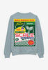 pastel green sweater with large bold back print graphic of retro mermaid themed washing powder box