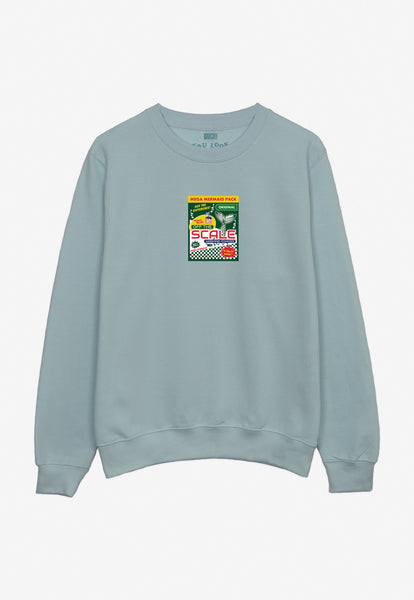 pastel green sweatshirt with small front graphic logo of mermaid washing powder box