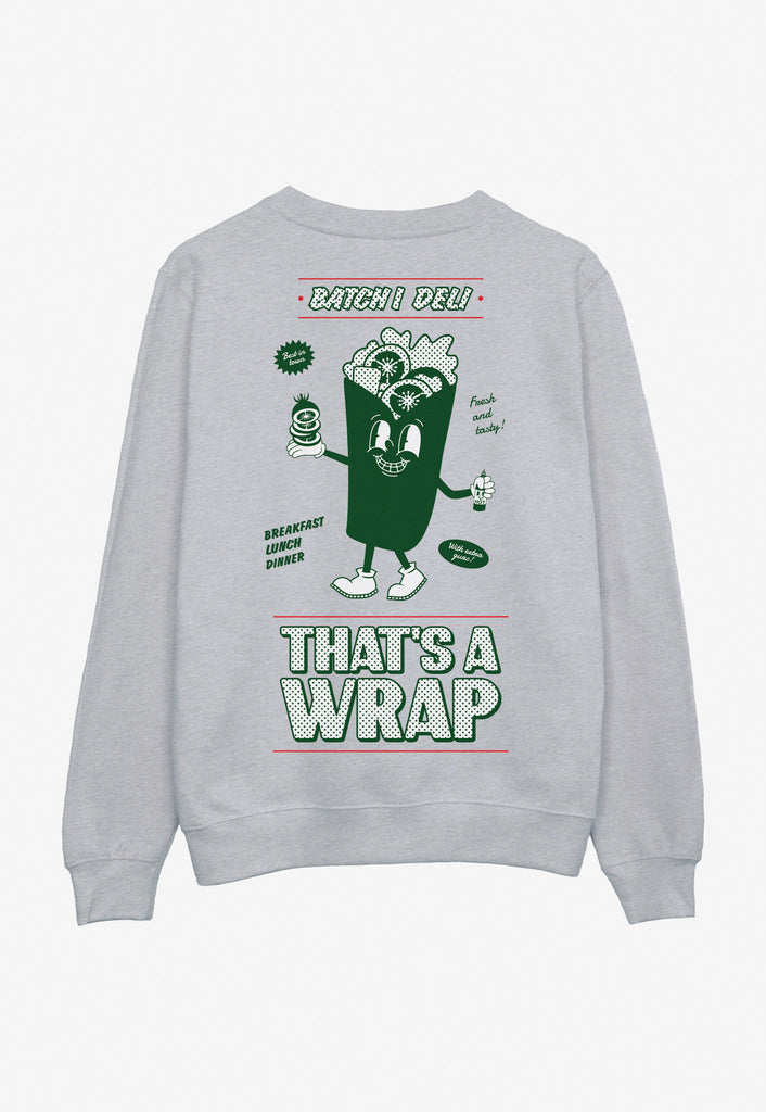grey sweatshirt with large back print showing Batch1 Deli logo and large vintage style wrap character mascot