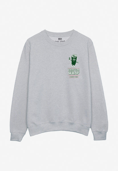 grey sweatshirt with small printed Batch1 Deli logo and wrap sandwich character 