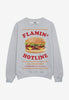 Grey printed food merch sweater with giant photographic burger and Flaming Hotline, Dial for Burgers slogan