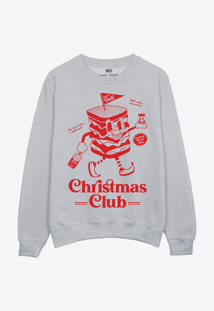 christmas jumper in grey with christmas club sandwich mascot and fun slogan in red print