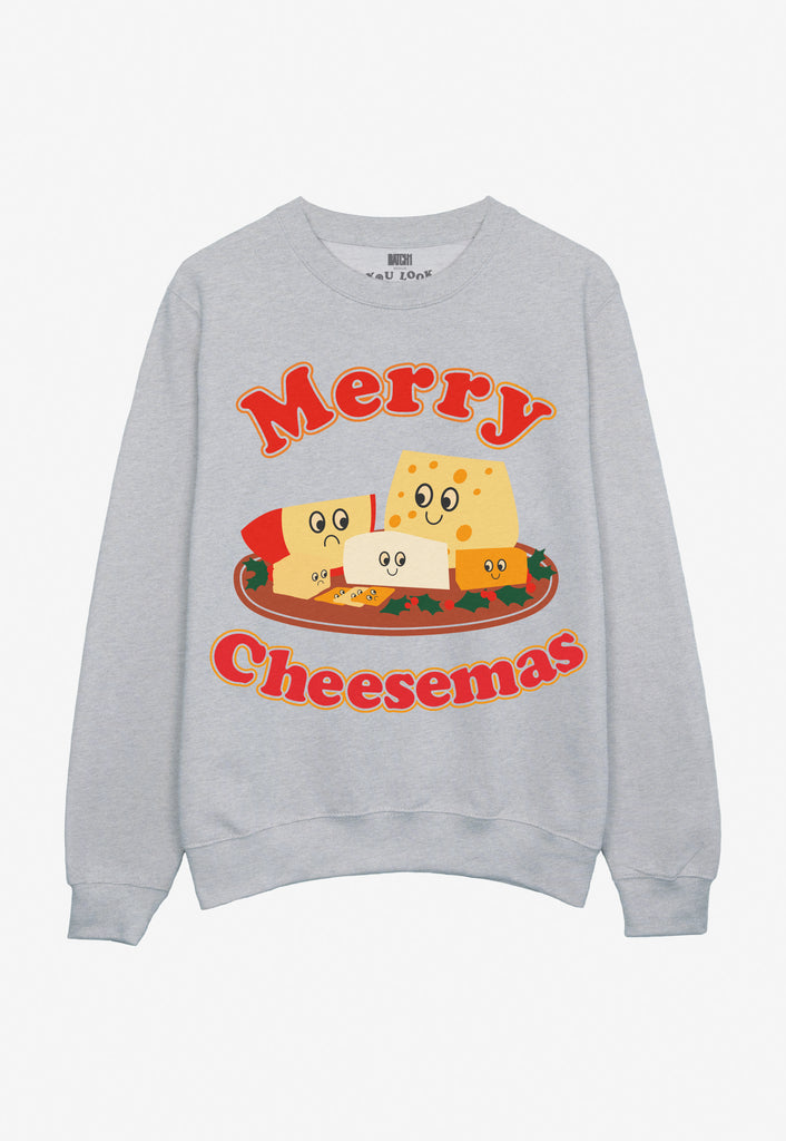 Novelty christmas jumper in grey for cheese lover with cheese board characters and merry cheesemas slogan
