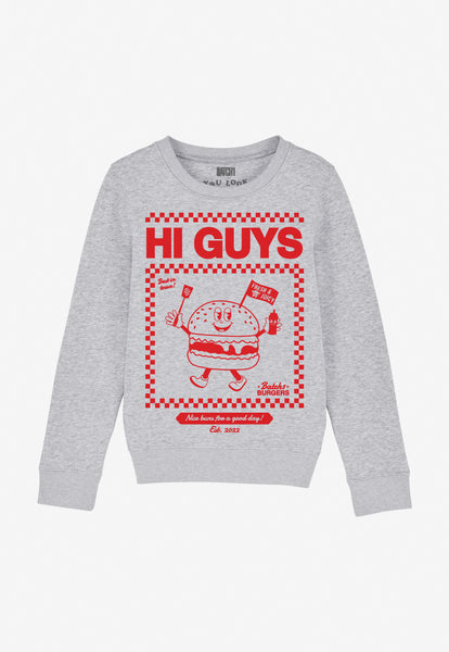 Children's grey sweatshirt with burger character and Hi Guys slogan in red print 