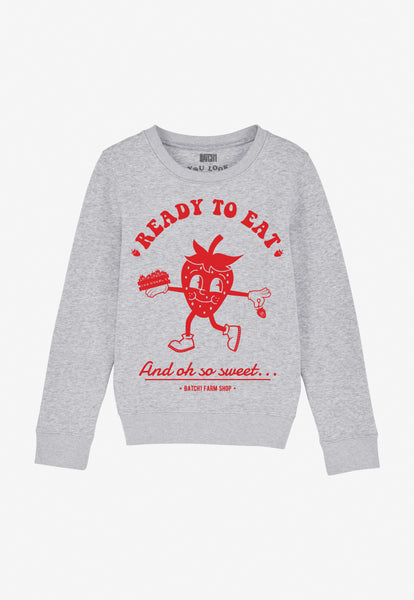 children's sweatshirt with red printed cute strawberry mascot and funny slogan