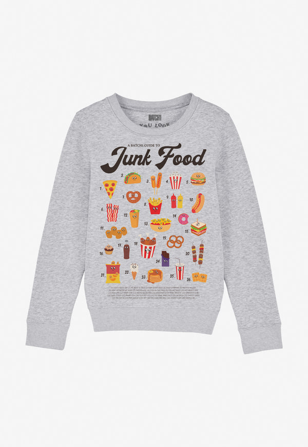 children's grey printed sweatshirt with cute illustrated junk food characters