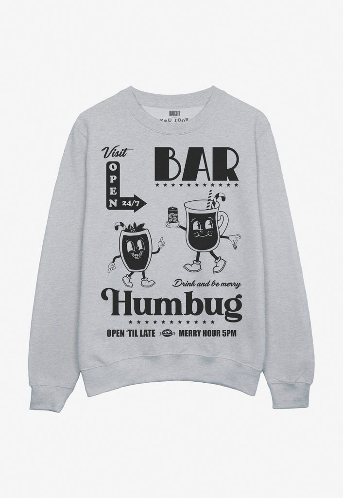grey Christmas jumper with cocktail character mascots and 'bar humbug' slogan in black print
