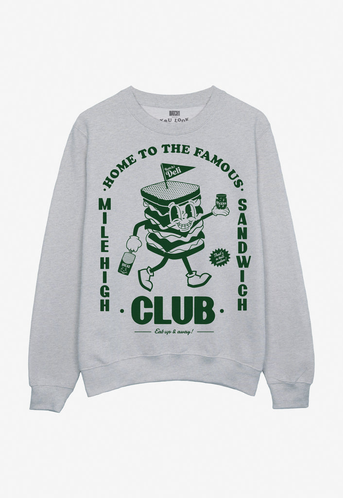 grey sweatshirt with large graphic print of vintage style sandwich character and mile high club sandwich slogan