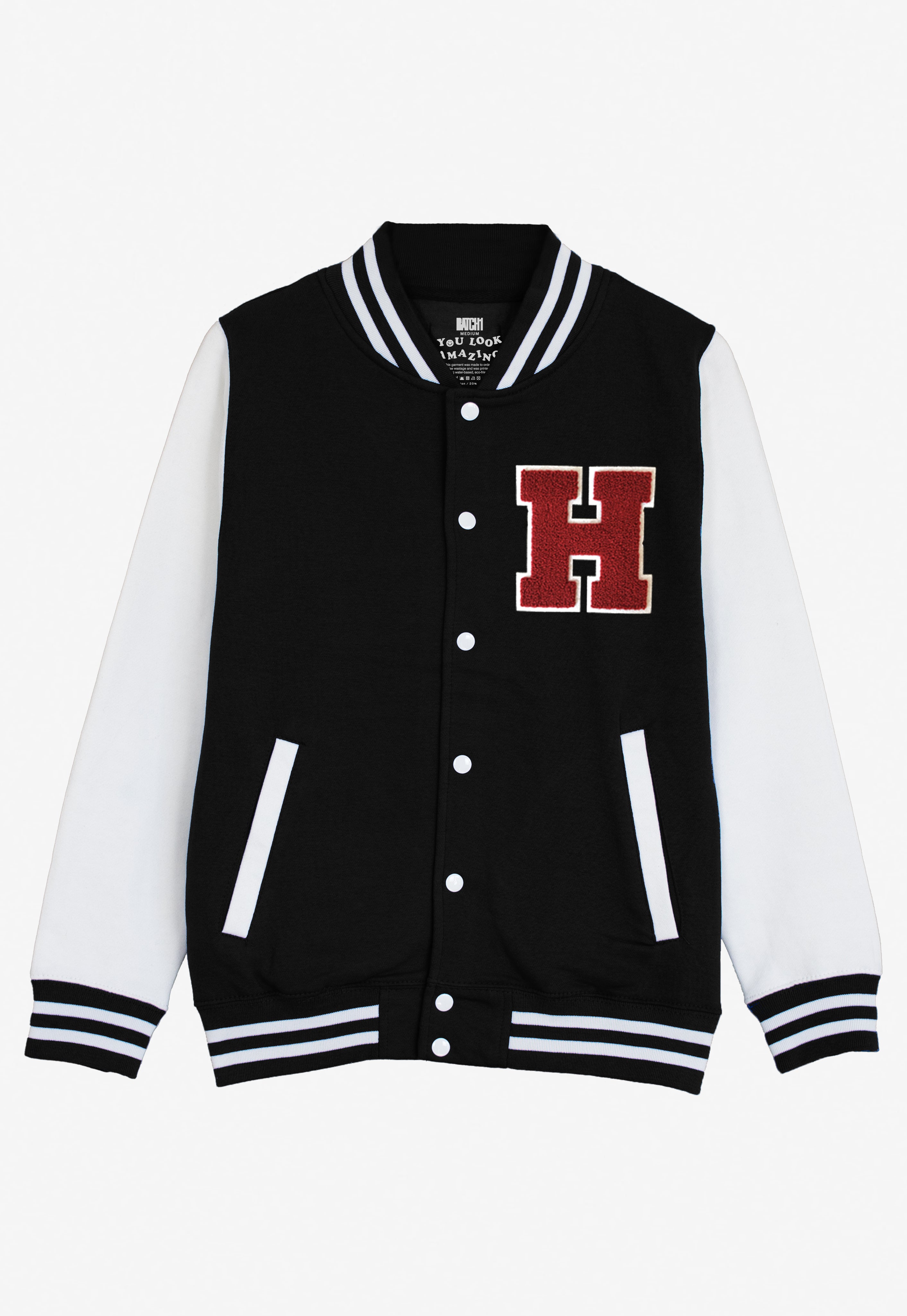 VARSITY BASEBALL JACKET UNISEX PERSONALISED WITH GENUINE US COLLEGE LETTER H