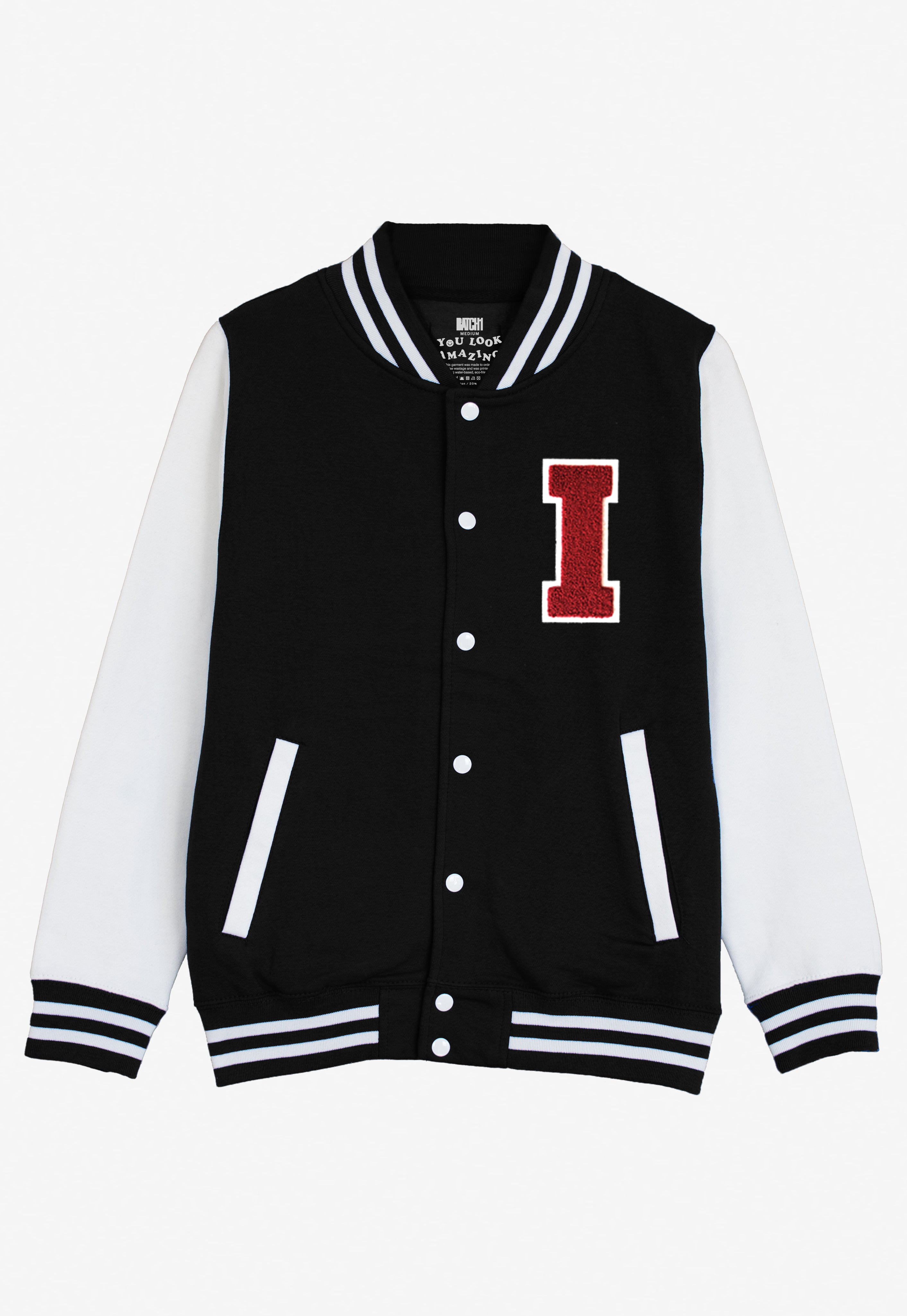 VARSITY BASEBALL JACKET UNISEX PERSONALISED WITH GENUINE US COLLEGE LETTER I