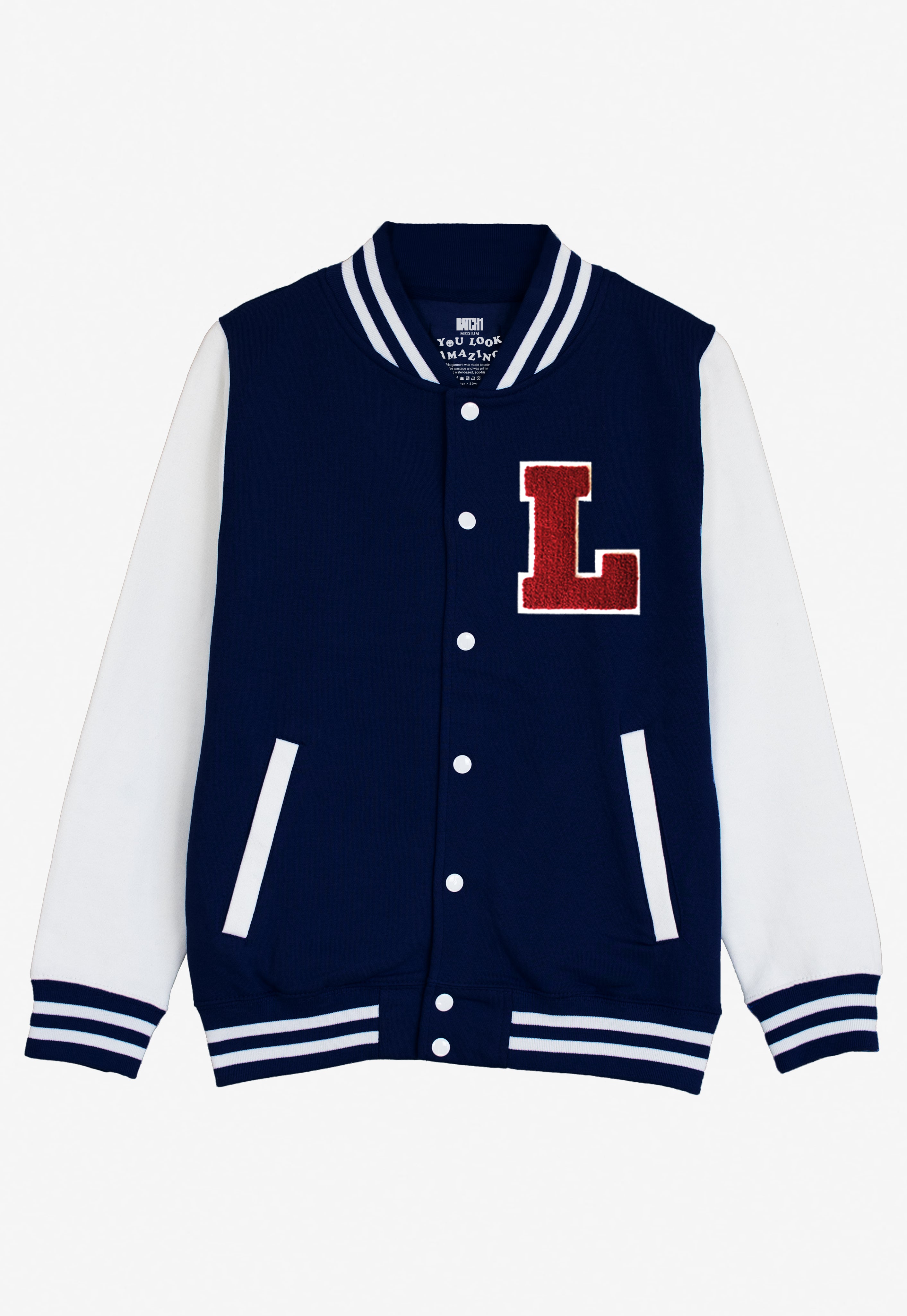 VARSITY BASEBALL JACKET UNISEX PERSONALISED WITH GENUINE US COLLEGE LETTER L