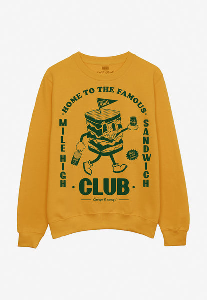 mustard yellow sweatshirt with vintage style sandwich character graphic and mile high sandwich club slogan