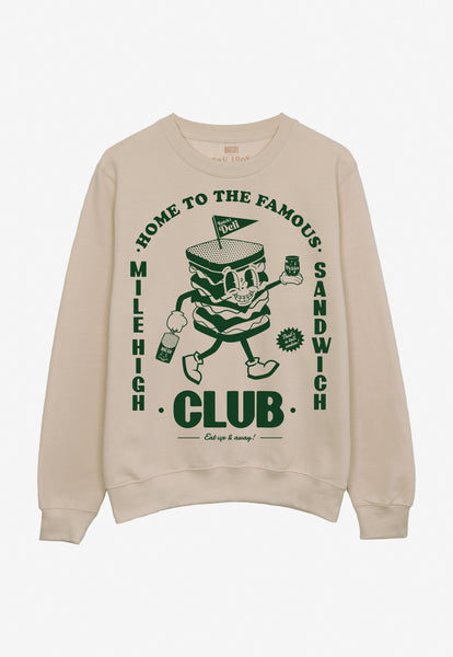 neutral coloured sweatshirt with vintage style sandwich character graphic and mile high sandwich slogan print