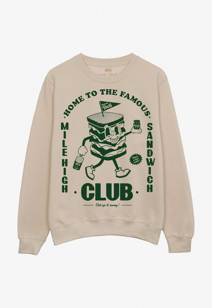 neutral coloured sweatshirt with vintage style sandwich character graphic and mile high sandwich slogan print
