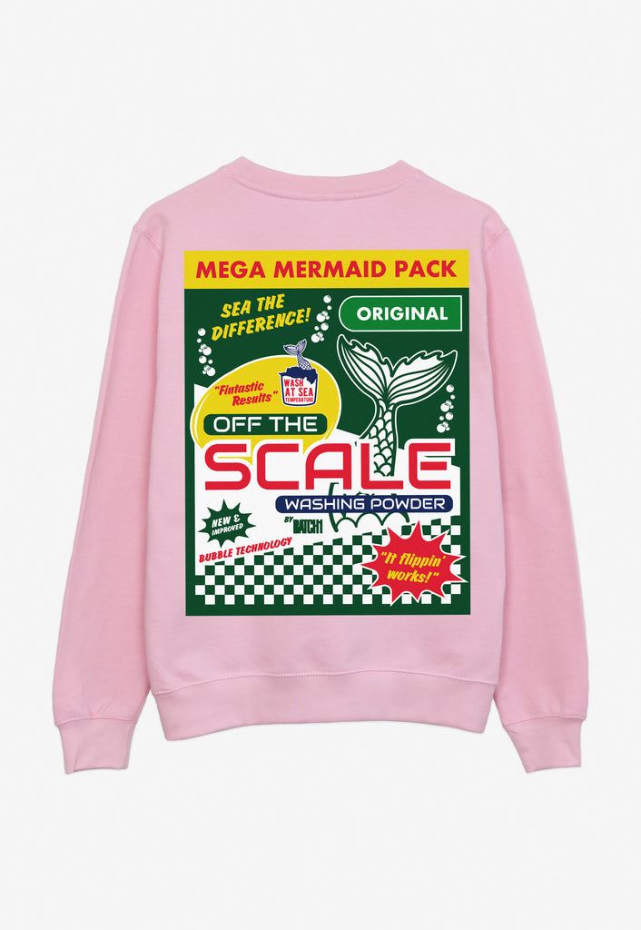 pastel pink sweater with large bold back graphic showing retro mermaid washing powder box