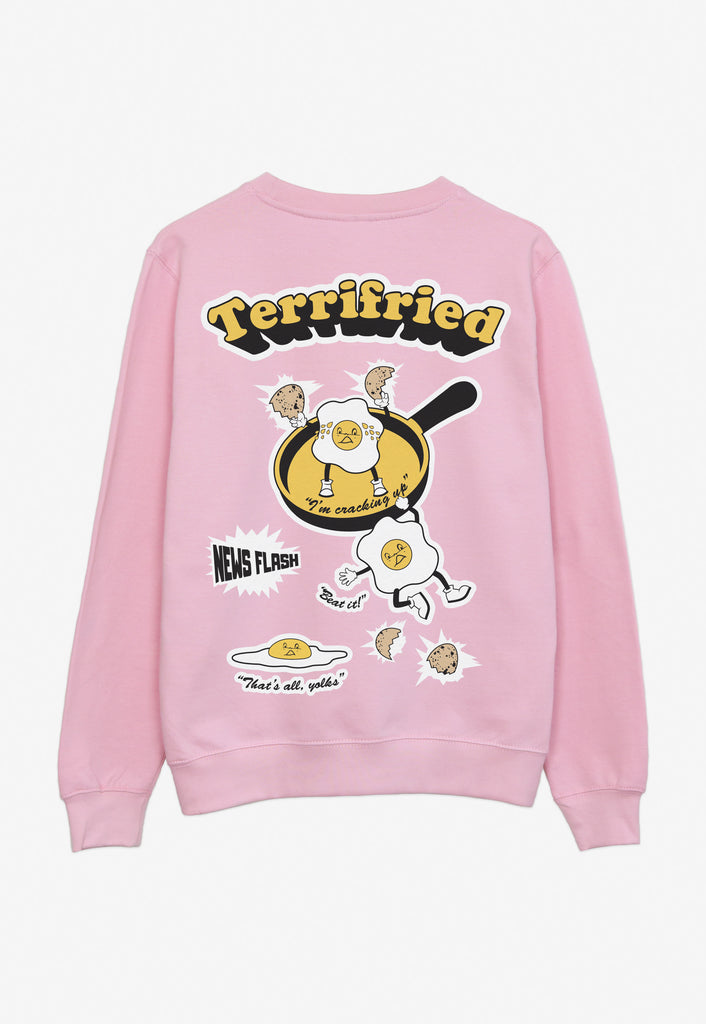pink sweatshirt with large back print featuring vintage style fried egg characters and Terrifried slogan