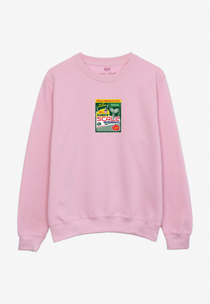 pastel pink sweatshirt with mermaid washing powder logo printed small front centre