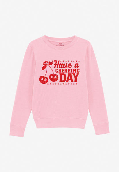 kids pastel pink sweatshirt with red printed cherries logo and positive slogan 