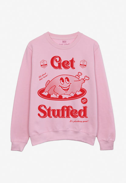 Pink Christmas jumper with funny turkey mascot and get stuffed slogan in red print