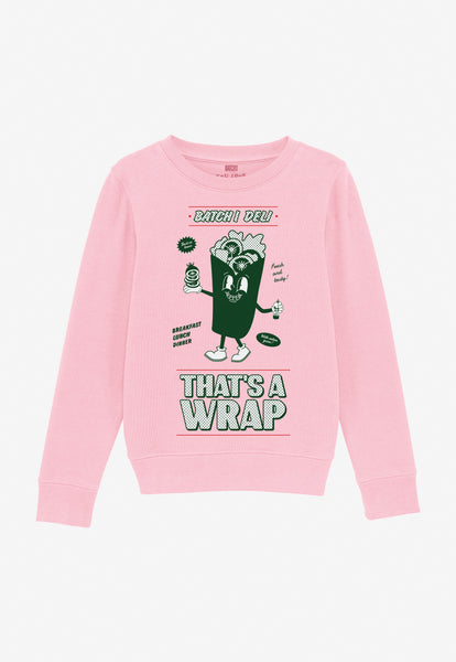 children's pink sweatshirt with green printed deli wrap character and funny slogan