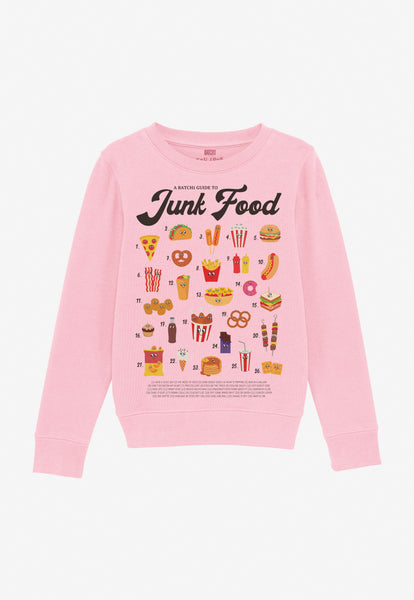 children's pink printed sweatshirt with cute illustrated junk food characters