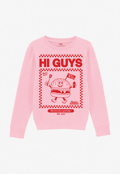 Children's pink sweatshirt with burger character and Hi Guys slogan in red print