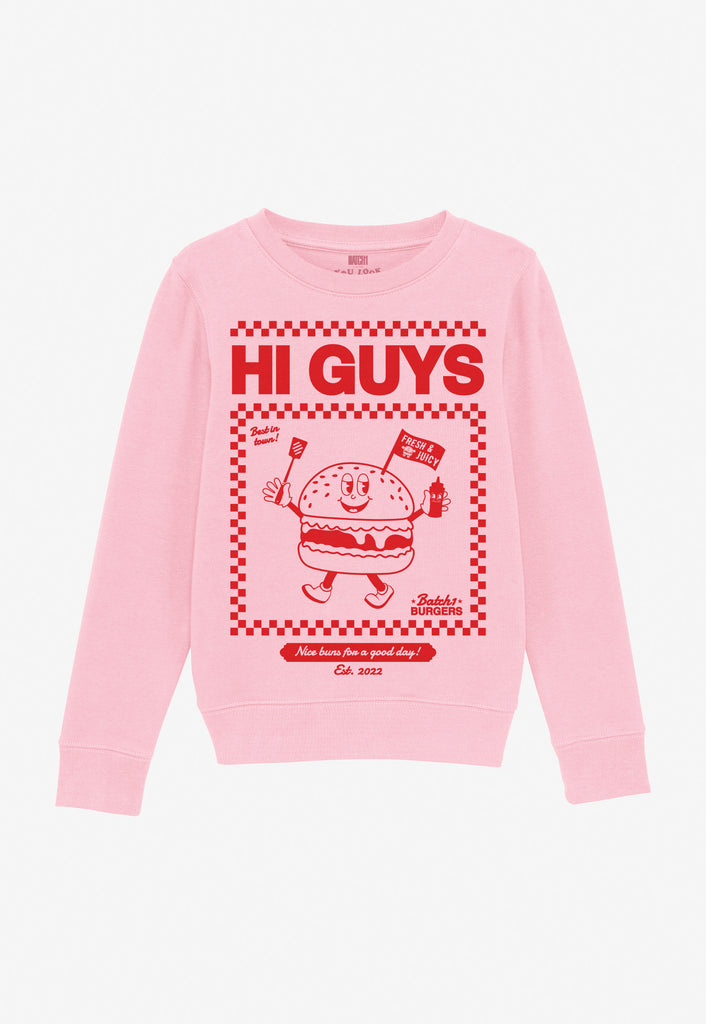 Children's pink sweatshirt with burger character and Hi Guys slogan in red print