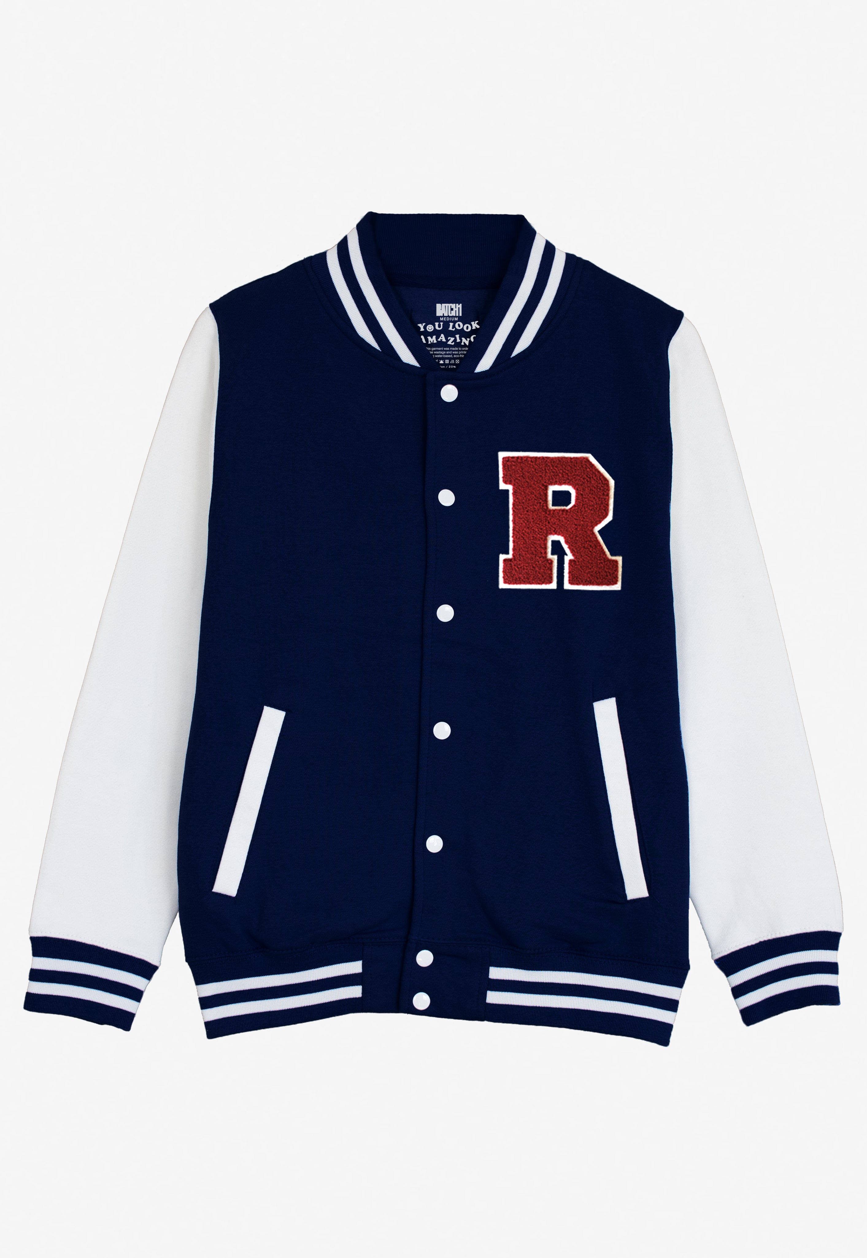 VARSITY BASEBALL JACKET UNISEX PERSONALISED WITH GENUINE US COLLEGE LETTER R